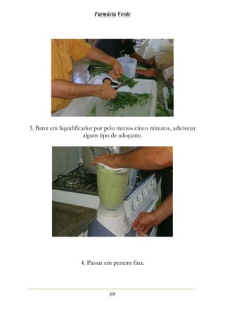 Farmácia Verde
69
3. Bater em liquidificador por pelo menos cinco minutos, adicionar
algum tipo de adoçante.
4. Passar em peneira fina.
 