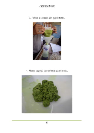 Farmácia Verde
87
3. Passar a solução em papel filtro.
4. Massa vegetal que sobrou da solução.
 