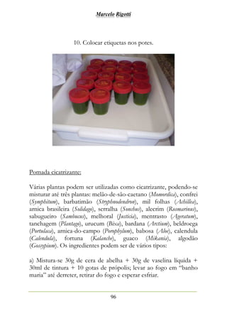 Marcelo Rigotti
96
10. Colocar etiquetas nos potes.
Pomada cicatrizante:
Várias plantas podem ser utilizadas como cicatrizante, podendo-se
misturar até três plantas: melão-de-são-caetano (Momordica), confrei
(Symphitum), barbatimão (Stryphnodendron), mil folhas (Achillea),
arnica brasileira (Solidago), serralha (Sonchus), alecrim (Rosmarinus),
sabugueiro (Sambucus), melhoral (Justicia), mentrasto (Ageratum),
tanchagem (Plantago), urucum (Bixa), bardana (Arctium), beldroega
(Portulaca), arnica-do-campo (Porophylum), babosa (Aloe), calendula
(Calendula), fortuna (Kalanche), guaco (Mikania), algodão
(Gossypium). Os ingredientes podem ser de vários tipos:
a) Mistura-se 30g de cera de abelha + 30g de vaselina líquida +
30ml de tintura + 10 gotas de própolis; levar ao fogo em “banho
maria” até derreter, retirar do fogo e esperar esfriar.
 