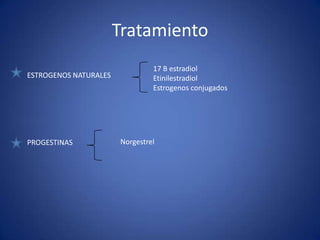 Tratamiento
ESTROGENOS NATURALES
PROGESTINAS
17 B estradiol
Etinilestradiol
Estrogenos conjugados
Norgestrel
 