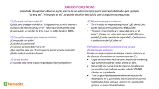 1º) ¿Para qué te sirve este juicio?
Quizás para protegerte de fallar, “si digo no sirvo, ya ni lo intento y
cuando no lo intento no hay error”. Tal vez para no hacerte cargo
de que querés un cambio de área o que no estás dando el 100%.
2º) Con qué lo comparopara tener un estándar:
¿Comparado con quién?
¿Cuándo? ¿Esta semana?
¿Te sentías así como líder/otro rol?
¿Qué significa para vos “X (esto que me decís)” en este contexto?
¿Quién mide si sos de esa forma?
3º) En qué ámbito:
¿Te sucede esto como orador/organizador/líder/compañero?
JUICIOS Y CREENCIAS
Cuando la otra persona trae un juicio acerca de un auto concepto que le cierra posibilidades por ejemplo
“yo soy así”, “mi equipo es así”, se puede desafiar este juicio con las siguientes preguntas:
4º) Afirmaciones que lo sustentan:
• “En el trabajo no me puedo equivocar”: ¿Es cierto? ¿No
puedo equivocarme aunque esté trabajando?
• “Tengo el conocimiento y la capacidad para ser el
mejor”: ¿Es que con todos esos recursos el fallo no es
posible? ¿Es solo cuestión de capacidad? ¿Qué factores
si podés controlar? ¿Cuáles no?
5º) Podemos analizar el juicio contrarioy verqué
afirmaciones lo sostienen:
Pensar en casos concretos en los que el juicio contrario se
dio y buscar afirmaciones de momentos reales. Ej.:
● Logré exitosamente realizar una campaña de marketing
que aumentó nuestras ventas online un 35%.
● Desarrollé una nueva área de negocios con atención
personalizada virtual que ayudó a más de 500.000
clientes en la pandemia.
● Tuve un gran resultado en mi última evaluación de
desempeño en la que no solo me reconocieron por mis
habilidades duras sino que también mi capacidad de
generar un buen clima de trabajo.
 