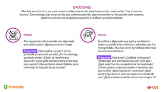 MIEDO
Por lo general, está asociada con algo malo
que podría pasar, algo que está en riesgo.
Preguntas: ¿Qué podría suceder? ¿Cuán
probable es que esto suceda? ¿Te sucedió algo
parecido antes? ¿Cómo se resolvió esa
situación? ¿Qué podrías hacer para evitar que
eso suceda? ¿Qué acciones desarrollarías para
minimizar el impacto si eso sucede?
ENOJO
Se refiere a algo malo que pasó y no debería
haber sucedido. Hay un límite o estándar que fue
transgredido. Muchas veces por debajo del enojo
encontramos tristeza.
Preguntas: ¿Qué pasó? ¿Cuál fue la situación?
¿Hubo algo que considerás injusto? ¿Por qué?
¿Qué valor/norma o expectativa fue quebrada?
¿Cómo podrías expresar productivamente eso
que sentís? ¿Qué reparación necesitas? ¿Qué
tendría que ocurrir para recuperar tu estado de
paz? ¿Qué acciones podrías asumir para lograrla?
EMOCIONES
Muchas veces, la otra persona muestra abiertamente las emociones en la conservación: “me da mucha
bronca”. Sin embargo, hay veces en las que podemos percibir cierta emoción y si el coachee no la expresa,
podemos a través de preguntas ayudarlo a cambiar su emocionalidad.
 