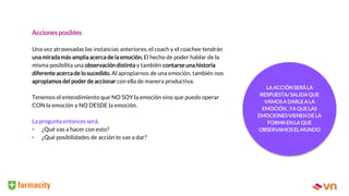 Acciones posibles
Una vez atravesadas las instancias anteriores, el coach y el coachee tendrán
una mirada más amplia acerca de la emoción. El hecho de poder hablar de la
misma posibilita una observación distinta y también contarse una historia
diferente acerca de lo sucedido. Al apropiarnos de una emoción, también nos
apropiamos del poder de accionar con ella de manera productiva.
Tenemos el entendimiento que NO SOY la emoción sino que puedo operar
CON la emoción y NO DESDE la emoción.
La pregunta entonces será:
• ¿Qué vas a hacer con esto?
• ¿Qué posibilidades de acción te vas a dar?
LA ACCIÓNSERÁLA
RESPUESTA/ SALIDAQUE
VAMOSA DARLE A LA
EMOCIÓN, YA QUE LAS
EMOCIONESVIENENDE LA
FORMAEN LA QUE
OBSERVAMOSEL MUNDO
 