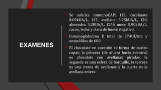 EXAMENES
• Se solicita immunoCAP: f13, cacahuate
8.09kUA/L, f17, avellana 5.75kUA/L, f20,
almendra 3.28UA/L, f256 nuez: 5.90kUA/L,
cacao, leche y clara de huevo negativo.
• Inmunoglobulina E total de 774UI/mL y
eosinófilos de 600.
• El chocolate en cuestión se forma de cuatro
capas: la primera (de afuera hacia adentro)
es chocolate con avellanas picadas, la
segunda es una esfera de barquillo, la tercera
es una crema de avellanas y la cuarta es la
avellana entera.
 