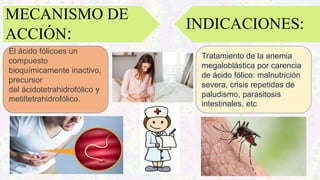 MECANISMO DE
ACCIÓN:
El ácido fólicoes un
compuesto
bioquímicamente inactivo,
precursor
del ácidotetrahidrofólico y
metiltetrahidrofólico.
INDICACIONES:
Tratamiento de la anemia
megaloblástica por carencia
de ácido fólico: malnutrición
severa, crisis repetidas de
paludismo, parasitosis
intestinales, etc
 