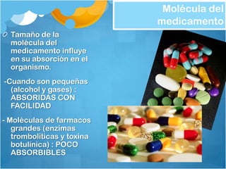 Molécula del
                            medicamento
  Tamaño de la
  molécula del
  medicamento influye
  en su absorción en el
  organismo.
-Cuando son pequeñas
  (alcohol y gases) :
  ABSORIDAS CON
  FACILIDAD
- Moléculas de farmacos
   grandes (enzimas
   tromboliticas y toxina
   botulínica) : POCO
   ABSORBIBLES
 