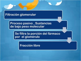 Filtración glomerular

   Proceso pasivo , Sustancias
   de bajo peso molecular

      Se filtra la porción del fármaco
      por el glomérulo

         Fracción libre
 