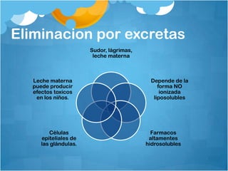 Eliminacion por excretas
                      Sudor, lágrimas,
                       leche materna



  Leche materna                           Depende de la
  puede producir                             forma NO
  efectos toxicos                             ionizada
   en los niños.                           liposolubles




        Células                            Farmacos
     epiteliales de                       altamentes
     las glándulas.                      hidrosolubles
 