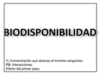 BIODISPONIBILIDAD

% Concentración que alcanza el torrente sanguíneo.
FX: Interacciones .
Efecto del primer paso.
 