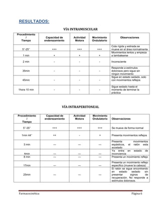 Farmacocinética Página 6
RESULTADOS:
VÍA INTRAMUSCULAR
VÍA INTRAPERITONEAL
Procedimiento
/
Tiempo
Capacidad de
enderezamiento
Actividad
Motora
Movimiento
Ondulatorio
Observaciones
5’’-25’’ +++ +++ +++
Cola rígida y estirada.se
mueve en el área normalmente
1 min + + +
Movimientos lentos y empieza
a tambalearse
2 min - - - Inconsciente
35min - - -
Responde a estímulos
dolorosos pero sigue sin
ningún movimiento
45min - - -
Sigue en estado sedado, solo
con movimientos reflejos
1hora 10 min - - -
Sigue sedado hasta el
momento de terminar la
práctica
Procedimiento
/
Tiempo
Capacidad de
enderezamiento
Actividad
Motora
Movimiento
Ondulatorio Observaciones
5’’-35’’ +++ +++ +++ Se mueve de forma normal
1min 44’’ ++ - + Presenta movimientos reflejos
3 min --- --- ---
Presenta movimientos
espásticos, el ratón esta
acostado
4min --- --- ---
Ya entra en estado de
inconciencia
8 min --- --- --- Presenta un movimiento reflejo
17min --- --- ---
Presenta un movimiento reflejo
especifico (mueve la cabeza)
25min --- --- ---
El ratón se sigue encontrando
en estado sedado sin
presentar signos de
recuperación. No responde a
estímulos dolorosos.
 