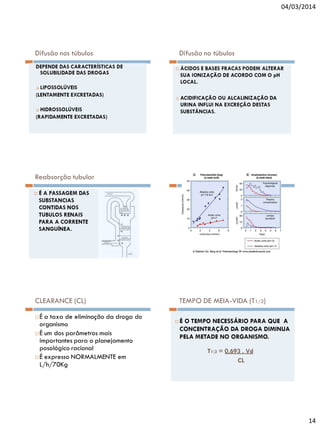 04/03/2014

Difusão nos túbulos

Difusão no túbulos

Reabsorção tubular

CLEARANCE (CL)

TEMPO DE MEIA-VIDA (T1/2)

É a taxa de eliminação da droga do
organismo
 É um dos parâmetros mais
importantes para o planejamento
posológico racional
 É expresso NORMALMENTE em
L/h/70Kg


14

 