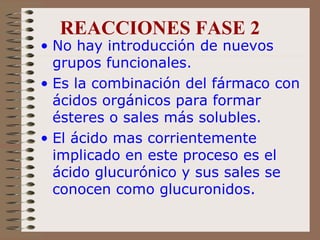 REACCIONES FASE 2 No hay introducción de nuevos grupos funcionales.  Es la combinación del fármaco con ácidos orgánicos para formar ésteres o sales más solubles.  El ácido mas corrientemente implicado en este proceso es el ácido glucurónico y sus sales se conocen como glucuronidos. 