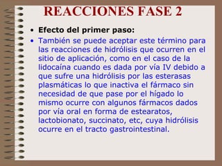 REACCIONES FASE 2 Efecto del primer paso:   También se puede aceptar este término para las reacciones de hidrólisis que ocurren en el sitio de aplicación, como en el caso de la lidocaína cuando es dada por vía IV debido a que sufre una hidrólisis por las esterasas plasmáticas lo que inactiva el fármaco sin necesidad de que pase por el hígado lo mismo ocurre con algunos fármacos dados por vía oral en forma de estearatos, lactobionato, succinato, etc, cuya hidrólisis ocurre en el tracto gastrointestinal.  