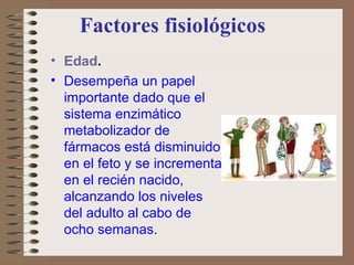 Factores fisiológicos Edad .   Desempeña un papel importante dado que el sistema enzimático metabolizador de fármacos está disminuido en el feto y se incrementa en el recién nacido, alcanzando los niveles del adulto al cabo de ocho semanas .  