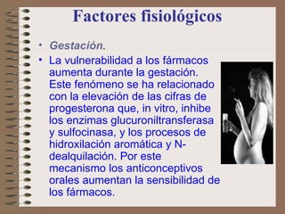Factores fisiológicos Gestación .   La vulnerabilidad a los fármacos aumenta durante la gestación. Este fenómeno   se   ha relacionado con la elevación de las cifras   de   progesterona que, in vitro, inhibe los enzimas glucuroniltransferasa y sulfocinasa, y los procesos de hidroxilación aromática y N-dealquilación. Por este mecanismo los anticonceptivos orales aumentan la sensibilidad de los fármacos. 