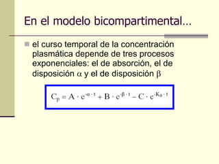 el curso temporal de la concentración plasmática depende de tres procesos exponenciales: el de absorción, el de disposición   y el de disposición   En el modelo bicompartimental… 
