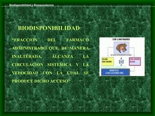 Biodisponibilidad y Bioequivalencia




      BIODISPONIBILIDAD
  “FRACCION                   DEL          FARMACO
  ADMINISTRADO QUE, DE MANERA
  INALTERADA,                    ALCANZA          LA
  CIRCULACION SISTEMICA Y LA
  VELOCIDAD               CON         LA   CUAL   SE
  PRODUCE DICHO ACCESO”
 