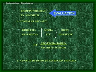 Biodisponibilidad y Bioequivalencia



                   BIODISPONIBILIDAD
                   EN MAGNITUD
                                                     EVALUACIÓN

             1.- COMPARAR ABC (AUC)


                   PROBLEMA                 MISMA         DOSIS
                    REFERENCIA                 VIA       DIFERENTE


                                           ABC (PROB) x D (REF)
                                      F=
                                           ABC (REF) x D (PROB)




             2.- A PARTIR DE DATOS DE EXCRECION URINARIA
 