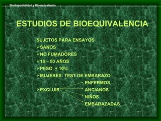 Biodisponibilidad y Bioequivalencia




     ESTUDIOS DE BIOEQUIVALENCIA
                    SUJETOS PARA ENSAYOS
                    SANOS
                    NO FUMADORES
                    18 – 50 AÑOS
                    PESO + 10%
                    MUJERES: TEST DE EMBARAZO
                                      ENFERMOS
                    EXCLUIR          ANCIANOS
                                      NIÑOS
                                      EMBARAZADAS
 
