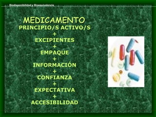 Biodisponibilidad y Bioequivalencia




          MEDICAMENTO
       PRINCIPIO/S ACTIVO/S
                 +
            EXCIPIENTES
                 +
              EMPAQUE
                 +
           INFORMACIÓN
                 +
             CONFIANZA
                 +
           EXPECTATIVA
                 +
          ACCESIBILIDAD
 