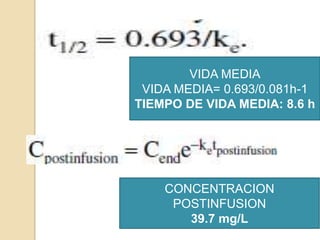VIDA MEDIA
 VIDA MEDIA= 0.693/0.081h-1
TIEMPO DE VIDA MEDIA: 8.6 h




    CONCENTRACION
     POSTINFUSION
       39.7 mg/L
 