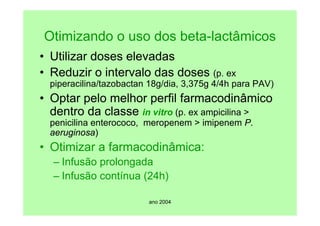 ano 2004
Otimizando o uso dos beta-lactâmicos
• Utilizar doses elevadas
• Reduzir o intervalo das doses (p. ex
piperacilina/tazobactan 18g/dia, 3,375g 4/4h para PAV)
• Optar pelo melhor perfil farmacodinâmico
dentro da classe in vitro (p. ex ampicilina >
penicilina enterococo, meropenem > imipenem P.
aeruginosa)
• Otimizar a farmacodinâmica:
– Infusão prolongada
– Infusão contínua (24h)
 