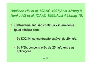 ano 2004
Houlihan HH et al. ICAAC 1997;Abst 42:pag 8.
Nenko AS et al. ICAAC 1995;Abst A93:pag 18.
.
•
• Ceftazidima: Infusão contínua x intermitente
• Igual eficácia com:
- 3g IC/24H: concentração estável de 29mg/L
- 2g 8/8h: concentração de 25mg/L entre as
aplicações
 