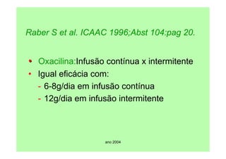 ano 2004
Raber S et al. ICAAC 1996;Abst 104:pag 20.
•
• Oxacilina:Infusão contínua x intermitente
• Igual eficácia com:
- 6-8g/dia em infusão contínua
- 12g/dia em infusão intermitente
 