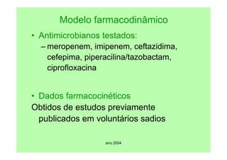 ano 2004
Modelo farmacodinâmico
• Antimicrobianos testados:
– meropenem, imipenem, ceftazidima,
cefepima, piperacilina/tazobactam,
ciprofloxacina
• Dados farmacocinéticos
Obtidos de estudos previamente
publicados em voluntários sadios
 