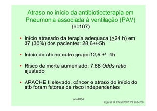 ano 2004
Atraso no início da antibioticoterapia em
Pneumonia associada à ventilação (PAV)
(n=107)
• Início atrasado da terapia adequada (>24 h) em
37 (30%) dos pacientes: 28,6+/-5h
• Início do atb no outro grupo:12,5 +/- 4h
• Risco de morte aumentado: 7,68 Odds ratio
ajustado
• APACHE II elevado, câncer e atraso do início do
atb foram fatores de risco independentes
Iregui et al. Chest 2002;122:262–268
 