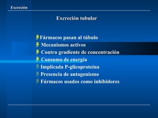 Excreción Excreción tubular  Fármacos pasan al túbulo    Mecanismos activos    Contra gradiente de concentración    Consumo de energía    Implicada P-glicoproteína    Presencia de antagonismo    Fármacos usados como inhibidores  