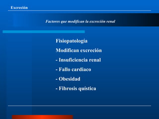 Excreción Factores que modifican la excreción renal Fisiopatología Modifican excreción  - Insuficiencia renal - Fallo cardiaco - Obesidad - Fibrosis quística 