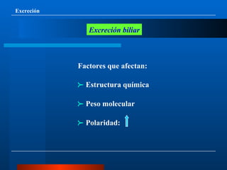 Excreción Excreción biliar Factores que afectan:     Estructura química    Peso molecular    Polaridad:   || 