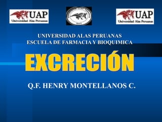UNIVERSIDAD ALAS PERUANAS ESCUELA DE FARMACIA Y BIOQUIMICA Q.F. HENRY MONTELLANOS C. EXCRECIÓN 