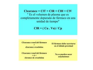 Clearance = ClT = ClR + ClH + ClV
    " Es el volumen de plasma que es
completamente depurado de fármaco en una
            unidad de tiempo"

             ClR = ( Cu . Vu) / Cp



Clearance renal del fármaco
                              El fármaco debe secretarse
             >
                                 en el túbulo proximal
    clearance creatinina

Clearance renal del fármaco
                                 No se pueden sacar
           =ó<
                                    conclusiones
   clerance de creatinina
 