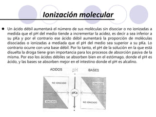 Transporte Na+ Dependiente: Es un transporte contra gradiente de una droga, que utiliza un portador y cuya fuente de energía es el gradiente de sodio entre ambos lados de la membrana. Cuando la droga y el sodio se transportan en el mismo sentido se habla de cotransporte; si lo hacen en sentido contrario de contratransporte.Difusión simple La difusión simple es el mecanismo de transporte de fármacos más frecuente. La mayor parte de los fármacos tienen un tamaño pequeño-mediano que permite su pasaje a través de las membranas por difusión a favor de un gradiente de concentración cuando no están ionizados. La velocidad del pasaje de las drogas, según la Ley de Fick, será mayor cuanto mayor sea el gradiente de concentración del fármaco, cuando el tamaño de la molécula sea menor y su liposolubilidad sea mayor. A su vez, la liposolubilidad depende del grado de ionización: la forma ionizada difunde en forma dificultosa a través de la membrana plasmática, mientras que la forma no ionizada difundirá fácilmente hasta que se equilibre la concentración de la droga a ambos lados de la membrana.