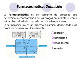 Farmacocinética. DefiniciónLa Farmacocinética es un conjunto de procesos que determina la concentración de las drogas en la biofase, como así también el estudio de cada uno de estos procesos.    La farmacocinética es un proceso dinámico, donde todos los procesos ocurren simultáneamente. AbsorciónDistribuciónMetabolismoExcreción