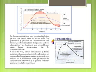 La farmacocinética tiene gran importancia clínica,
ya que esta ciencia tiene en cuenta todos los
parámetros y procesos de transformación del
fármaco, desde su entrada en el organismo hasta su
eliminación, y en función de esto se establecen:
dosis, formas farmacéuticas, vias de
administración, etc
Cuando la dosis, formas farmacéuticas y demás
parámetros farmacocinéticos son los adecuados, no
se acumulan fármacos que puedan provocar efectos
tóxicos, no se administran dosis que excedan la
concentración terapéutica y es posible adelantar
probables resultados terapéuticos
 