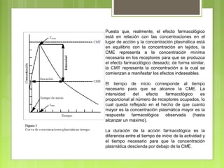 Puesto que, realmente, el efecto farmacológico
está en relación con las concentraciones en el
lugar de acción y la concentración plasmática está
en equilibrio con la concentración en tejidos, la
CME representa a la concentración mínima
necesaria en los receptores para que se produzca
el efecto farmacológico deseado; de forma similar,
la CMT representa la concentración a la cual se
comienzan a manifestar los efectos indeseables.
El tiempo de inicio corresponde al tiempo
necesario para que se alcance la CME. La
intensidad del efecto farmacológico es
proporcional al número de receptores ocupados, lo
cual queda reflejado en el hecho de que cuanto
mayor es la concentración plasmática mayor es la
respuesta farmacológica observada (hasta
alcanzar un máximo).
La duración de la acción farmacológica es la
diferencia entre el tiempo de inicio de la actividad y
el tiempo necesario para que la concentración
plasmática descienda por debajo de la CME.
 