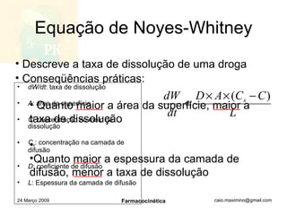 Equação de Noyes-Whitney dW/dt : taxa de dissolução A : área da superfície C : concentração no meio de dissolução C s : concentração na camada de difusão D : coeficiente de difusão L : Espessura da camada de difusão 24 Março 2009 Farmacocinética Descreve a taxa de dissolução de uma droga Conseqüências práticas: Quanto maior a área da superfície, maior a taxa de dissolução Quanto maior a espessura da camada de difusão, menor a taxa de dissolução 