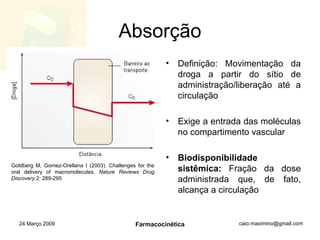 Absorção Definição: Movimentação da droga a partir do sítio de administração/liberação até a circulação Exige a entrada das moléculas no compartimento vascular Biodisponibilidade sistêmica:  Fração da dose administrada que, de fato, alcança a circulação 24 Março 2009 Farmacocinética Goldberg M, Gomez-Orellana I (2003). Challenges for the oral delivery of macromolecules.  Nature Reviews Drug Discovery  2: 289-295 