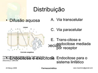 Distribuição Difusão aquosa Difusão lipídica Transportadores especiais Endocitose e exocitose 24 Março 2009 Farmacocinética Via transcelular Via paracelular Trans-citose e endocitose mediada por receptor Endocitose para o sistema linfático Goldberg M, Gomez-Orellana I (2003). Challenges for the oral delivery of macromolecules.  Nature Reviews Drug Discovery  2: 289-295 