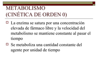METABOLISMO
(CINÉTICA DE ORDEN 0)
   La enzima se satura por una concentración
    elevada de fármaco libre y la velocidad del
    metabolismo se mantiene constante al pasar el
    tiempo
   Se metaboliza una cantidad constante del
    agente por unidad de tiempo
 
