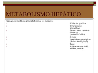 METABOLISMO HEPÁTICO
Factores que modifican el metabolismo de los fármacos:
1.                                                       Variación genética
2.                                                       Determinantes
                                                         ambientales
3.                                                       Interacciones con otros
                                                         fármacos
                                                         (inducción/inhib)
4.                                                       Género
5.                                                       Condiciones patológicas
                                                         (disfunción hepática)
6.                                                       Edad
7.                                                       Hábitos tóxicos (café,
                                                         alcohol, tabaco)
 