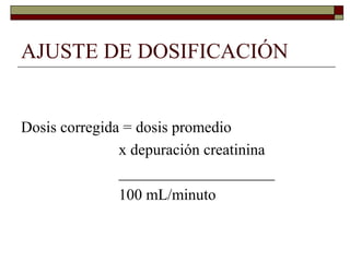 AJUSTE DE DOSIFICACIÓN


Dosis corregida = dosis promedio
               x depuración creatinina
               ____________________
               100 mL/minuto
 