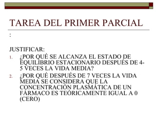TAREA DEL PRIMER PARCIAL
:

JUSTIFICAR:
1. ¿POR QUÉ SE ALCANZA EL ESTADO DE
   EQUILIBRIO ESTACIONARIO DESPUÉS DE 4-
   5 VECES LA VIDA MEDIA?
2. ¿POR QUÉ DESPUÉS DE 7 VECES LA VIDA
   MEDIA SE CONSIDERA QUE LA
   CONCENTRACIÓN PLASMÁTICA DE UN
   FÁRMACO ES TEÓRICAMENTE IGUAL A 0
   (CERO)
 