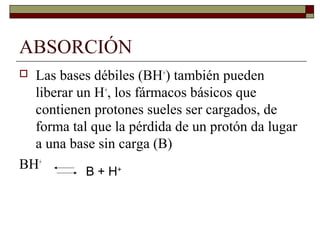 ABSORCIÓN
 Las bases débiles (BH+) también pueden
  liberar un H+, los fármacos básicos que
  contienen protones sueles ser cargados, de
  forma tal que la pérdida de un protón da lugar
  a una base sin carga (B)
BH+        B + H+
 