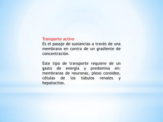 Transporte activo
Es el pasaje de sustancias a través de una
membrana en contra de un gradiente de
concentración.
Este tipo de transporte requiere de un
gasto de energía y predomina en:
membranas de neuronas, plexo coroideo,
células de los túbulos renales y
hepatocitos.
 