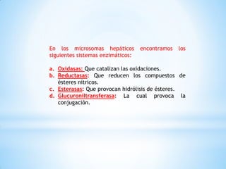 En los microsomas hepáticos encontramos los
siguientes sistemas enzimáticos:
a. Oxidasas: Que catalizan las oxidaciones.
b. Reductasas: Que reducen los compuestos de
ésteres nítricos.
c. Esterasas: Que provocan hidrólisis de ésteres.
d. Glucuroniltransferasa: La cual provoca la
conjugación.
 