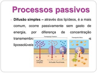 Processos passivos
- Difusão simples – através dos lipídeos, é a mais
comum, ocorre passivamente sem gasto de
energia, por diferença de concentração
transmembrana. Para medicamentos
lipossolúveis.
 